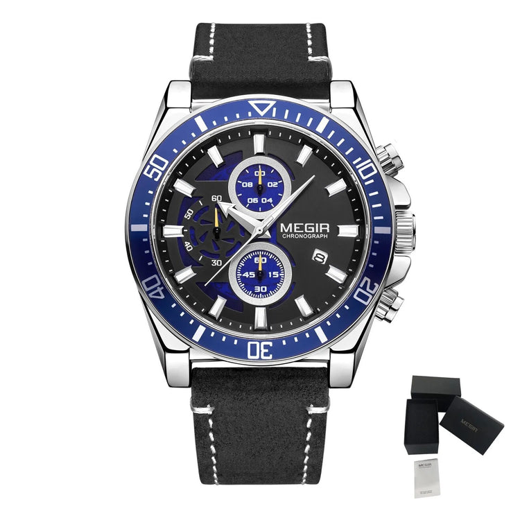 MEGIR Fashion Watches for Men Leather Strap Sport Military Wristwatch Man Quartz Watch Waterproof Chronograph with Calendar 2132-18