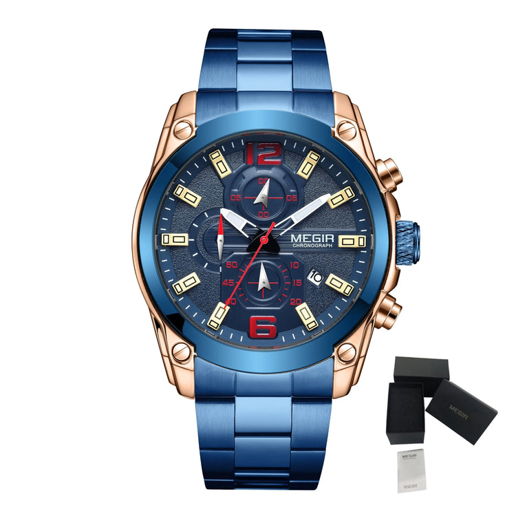 MEGIR Original Luxury Men Chronograph Stainless Steel Wristwatch Waterproof Luminous Quartz Watch Clock Calendar Reloj Hombre-14