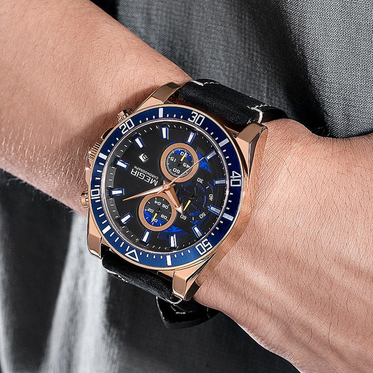 MEGIR Fashion Watches for Men Leather Strap Sport Military Wristwatch Man Quartz Watch Waterproof Chronograph with Calendar 2132-1