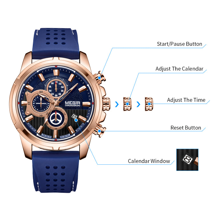 MEGIR Brand Luxury Sport Quartz Watch Silicone Chronograph Men Wristwatches Waterproof Male Calendar Clock Wrist Watch 2101-6