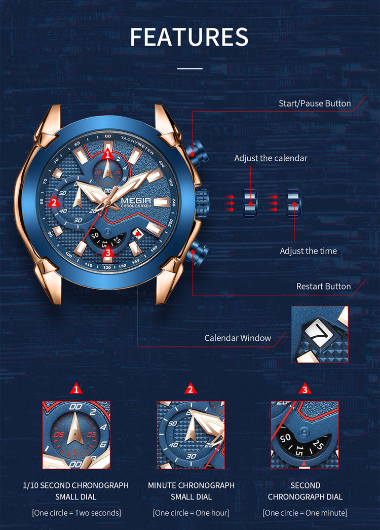 MEGIR Fashion Men Watches Luxury Business Watch for Men Stainless Steel Quartz Wrist Watch Calendar Date Clock Reloj Hombre 2065-12