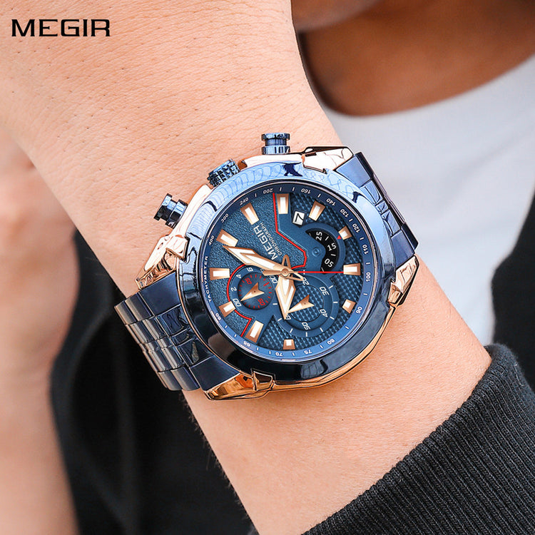 MEGIR Fashion Men Watches Luxury Business Watch for Men Stainless Steel Quartz Wrist Watch Calendar Date Clock Reloj Hombre 2065-0