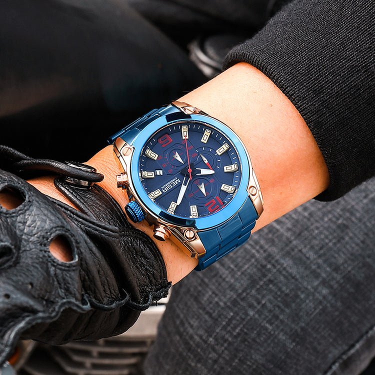 MEGIR Original Luxury Men Chronograph Stainless Steel Wristwatch Waterproof Luminous Quartz Watch Clock Calendar Reloj Hombre-1