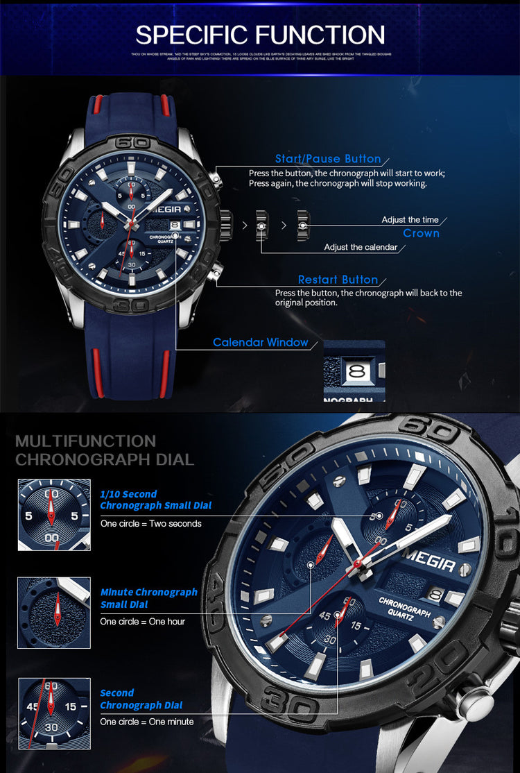 MEGIR Fashion Sport Watches for Men Top Brand Military Quartz Wristwatch Calendar Male Clock Chronograph Montre Homme 2055-11