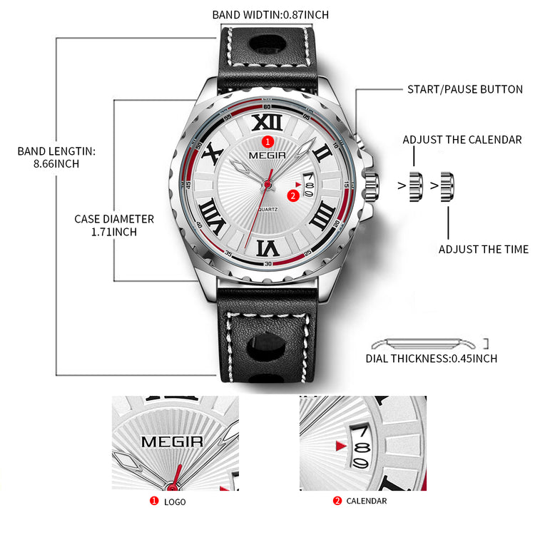 MEGIR Sport Men Watch Top Brand Leather Quartz Watches Man Clock Time Fashion Military Wristwatches Calendar Reloj Hombre 1019-4