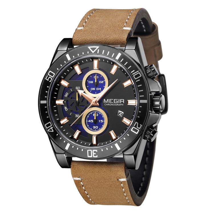 MEGIR Fashion Watches for Men Leather Strap Sport Military Wristwatch Man Quartz Watch Waterproof Chronograph with Calendar 2132-13