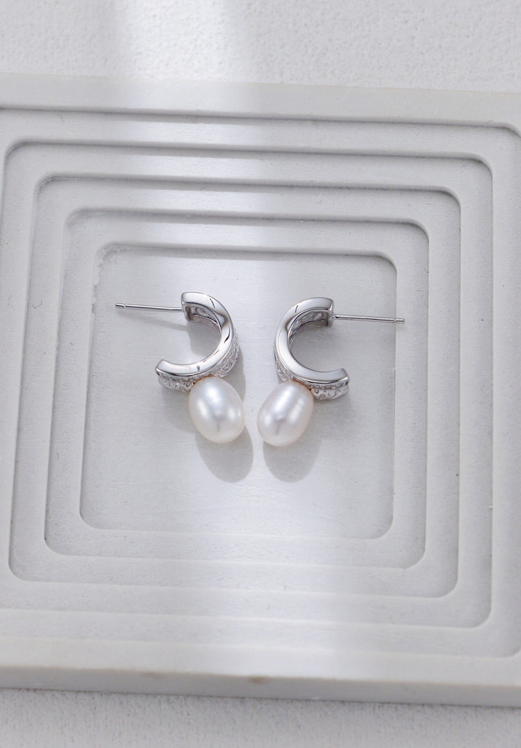 Zircon Set C-shaped Pearl Earrings-4