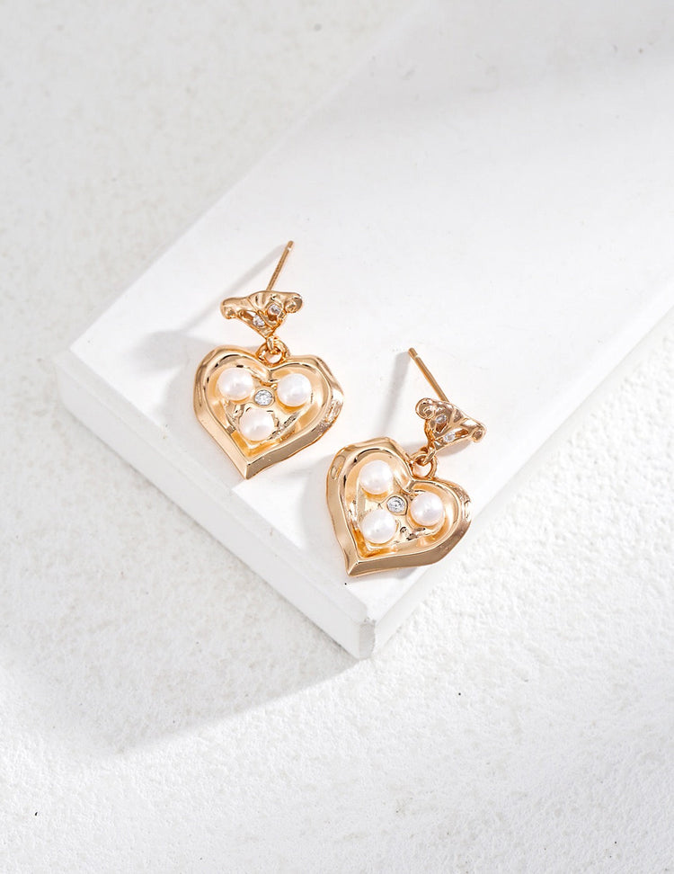 Heart Freshwater Pearl Dangle Earrings-0