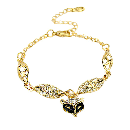 Textured Jewellery Gold Chain Rhinestone Decor Fox Charm Bangle