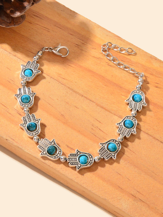 Ethnic Jewellery Vintage Handmade Blue Red Beaded Antique Silver Hand Bracelet