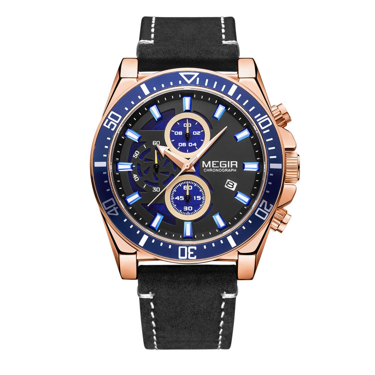 MEGIR Fashion Watches for Men Leather Strap Sport Military Wristwatch Man Quartz Watch Waterproof Chronograph with Calendar 2132-11