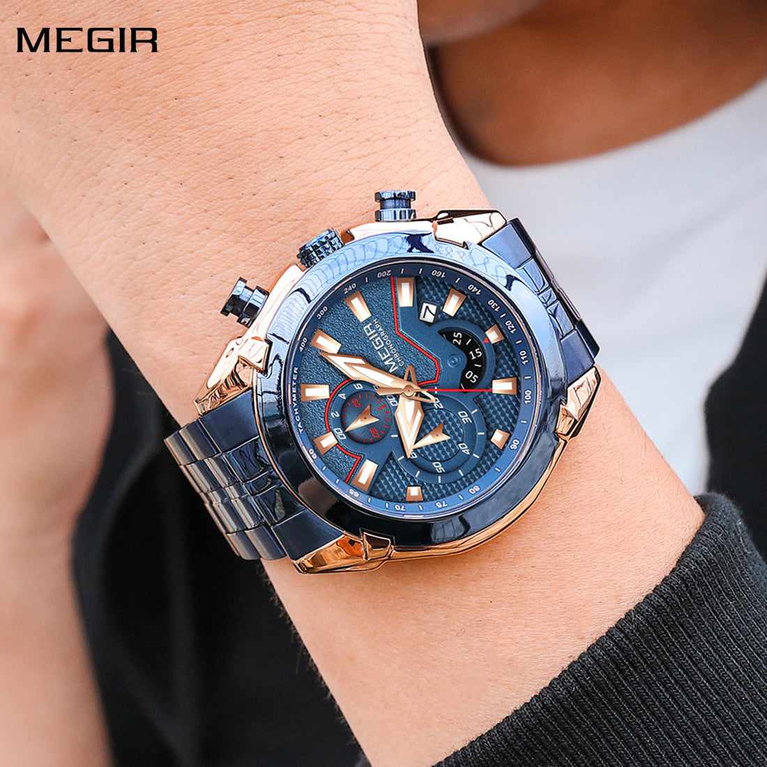 MEGIR Fashion Men Watches Luxury Business Watch for Men Stainless Steel Quartz Wrist Watch Calendar Date Clock Reloj Hombre 2065-0