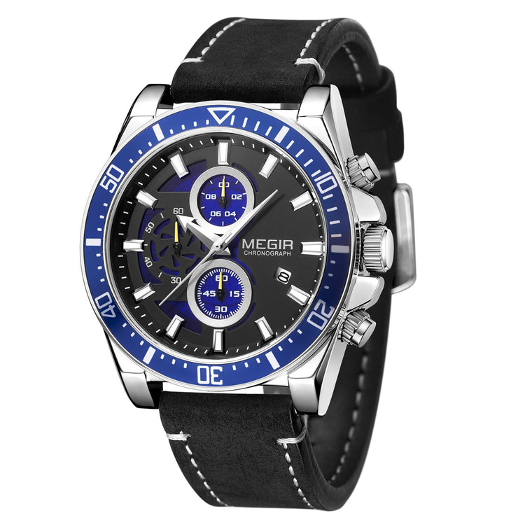 MEGIR Fashion Watches for Men Leather Strap Sport Military Wristwatch Man Quartz Watch Waterproof Chronograph with Calendar 2132-12