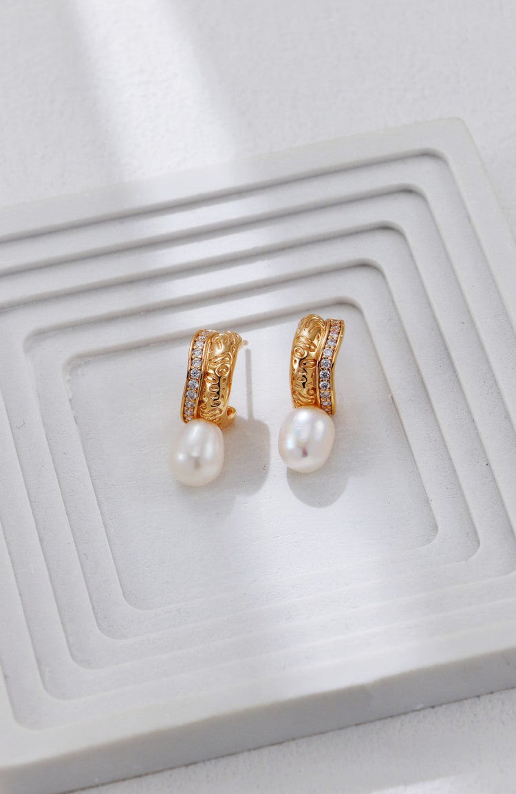 Zircon Set C-shaped Pearl Earrings-1