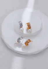 Zircon Set C-shaped Pearl Earrings-0
