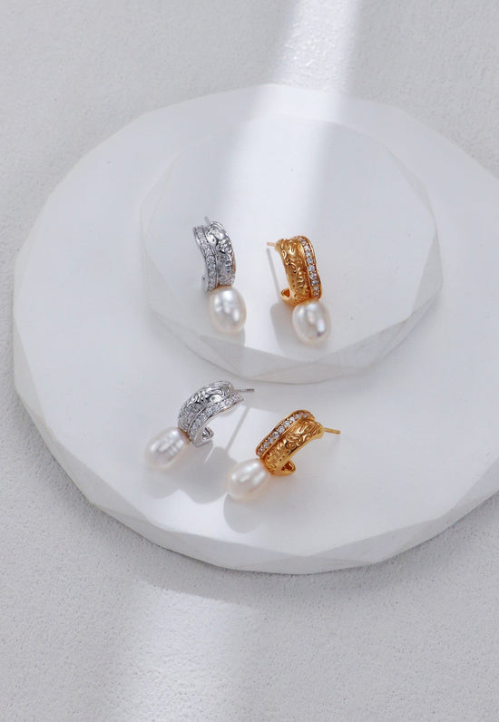 Zircon Set C-shaped Pearl Earrings-0