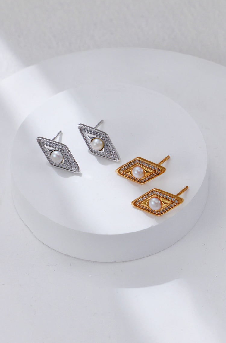 Diamond-shaped Zirconia and Pearl Stud Earrings-0