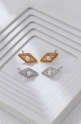 Diamond-shaped Zirconia and Pearl Stud Earrings-1
