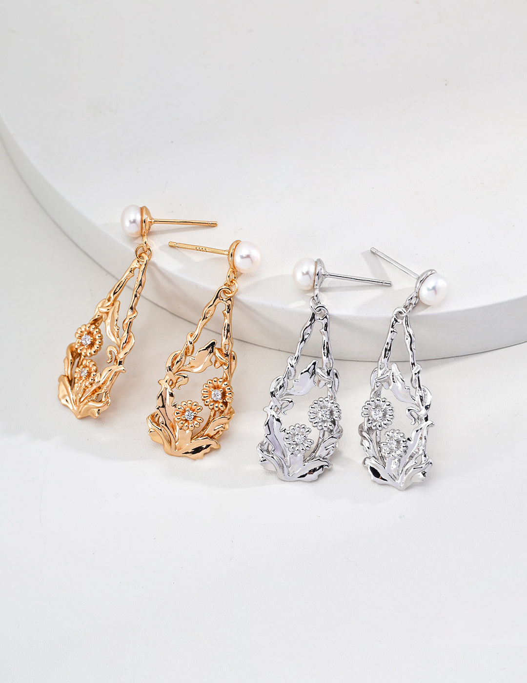 Flower-Shaped Natural Pearl and Zircon Earrings-0